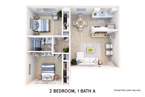 Floor plan for 2 beds, 1 bath, 875 sqft